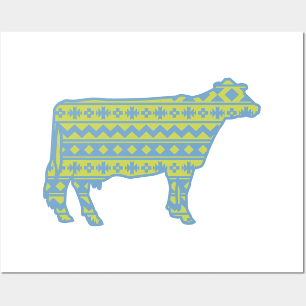 Dairy Cow Silhouette with Blue & Green Southwest Pattern Wall Art by SAMMO